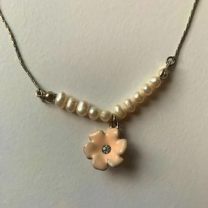 Peach-Colored Flower Pendant & Pearl Bead Necklace